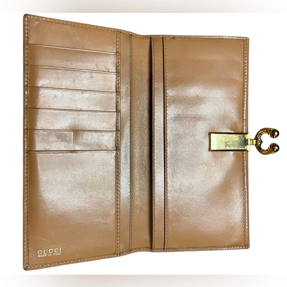 Gucci Vintage Horse Bit Long Wallet Tan Italian Leather Brass Hardware Neutral - Picture 16 of 16